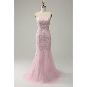 Mermaid Spaghetti Straps Light Pink Long Prom Dress with Appliques